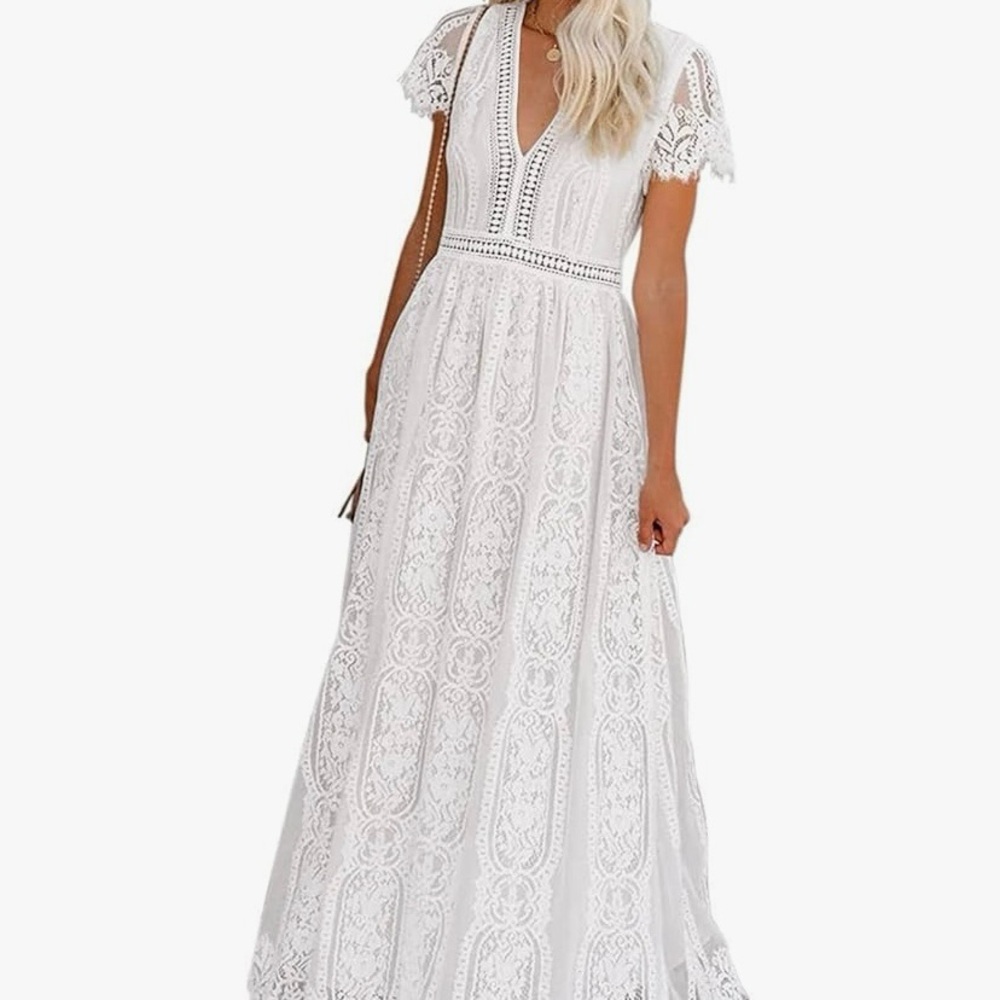White Lace Detailing Short Sleeve Full Length Dress Flowy Bridal Wedding Event